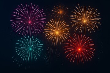 Poster - Colorful fireworks explosion in night sky with glowing light trails on dark background, festive celebration concept with graphic style explosion burst.