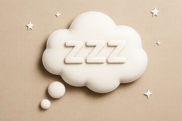 Poster - White cloud-shaped thought bubble with ZZZ symbol and stars on beige background, representing sleep and dreaming concept in minimal graphic style.