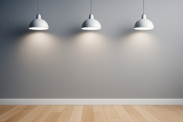 Poster - Minimalist interior background with three dome pendant lights casting soft illumination on a gray wall above wooden floor in modern setting.