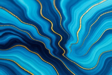 Poster - Abstract blue and gold flowing lines forming a vibrant marble pattern on a smooth artistic background in a modern creative graphic style.