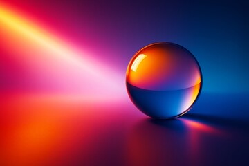 Poster - Abstract glass sphere with vibrant orange and blue reflections on colorful gradient background with dramatic light beam and smooth graphic concept..