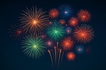 Aufkleber - Colorful fireworks bursting in the night sky with vibrant light trails on dark background celebrating holiday event with creative graphic explosion display.