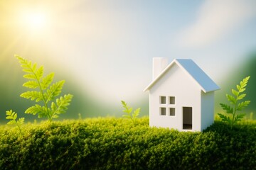 Poster - Eco house model on green moss with ferns and soft sunlight in nature background representing sustainable living concept.
