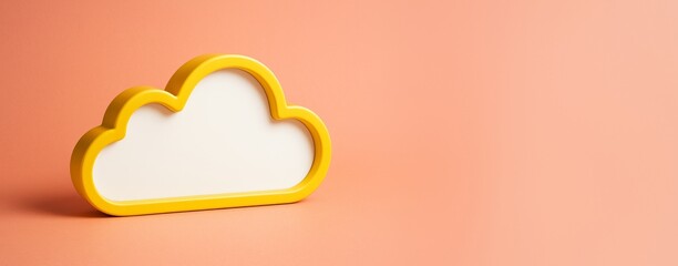 Poster - Yellow cloud-shaped sign on pastel peach background with copyspace for mockup, design, advertising or promotion concepts.