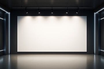Poster - Minimalist gallery interior with spotlights illuminating large blank white wall for mockup, poster display, or modern branding concept template.