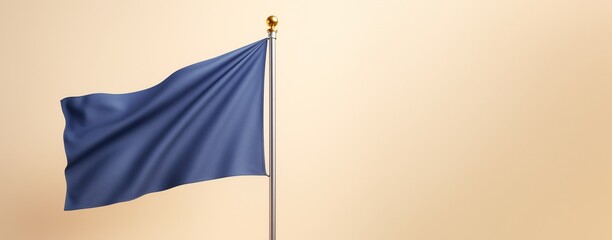 Poster - Blank dark blue flag on silver pole waving in the wind against soft beige background with clean space for design or promotional concept.
