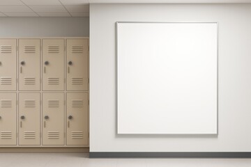 Poster - Blank white poster frame on wall next to beige lockers in school hallway with clean light background for advertising or creative design mockup concept.