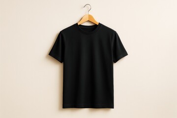 Poster - Black t-shirt hanging on wooden hanger against light background, clean mockup for branding or apparel design promotion template concept.