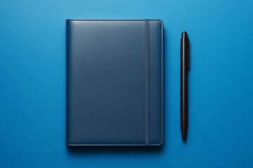 Poster - Blue notebook and black pen on solid blue background with clean minimal design for mockup, branding or advertising concept.
