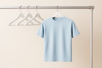 Poster - Light blue t-shirt hanging on white hanger with empty hangers on rail, minimal background for branding or design mockup concept.