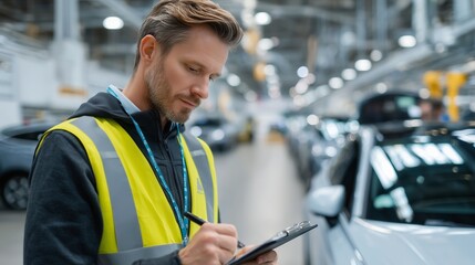 Poster - worker inspecting vehicles in an automotive manufacturing plant during a busy production shift