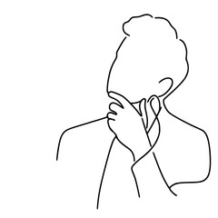 Poster - Man thinking with hand on chin in single line outline vector style  