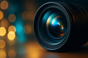 Poster - Close-up of professional camera lens with colorful reflections and soft bokeh lights in background, symbolizing photography as a creative hobby concept.