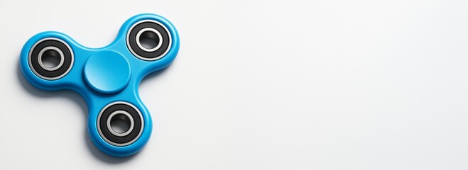 Poster - Blue fidget spinner on white background with copy space for mockup or design template concept in a creative and clean light setting.
