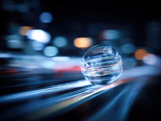 Poster - Abstract glass sphere with colorful light trails in a city at night
