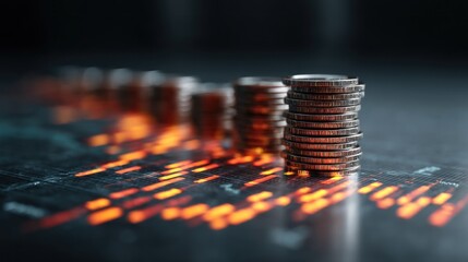 Poster - Stacked coins on a glowing financial chart
