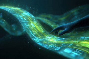Poster - A hand touching a glowing, futuristic, abstract, green and blue, circuit like design in the darkness