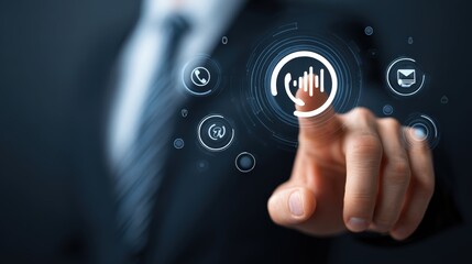 Poster - A finger touches a digital interface with icons representing communication and connectivity options shown around