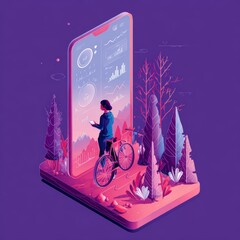Poster - Isometric view of a woman with a bike standing in front of a large phone displaying data charts