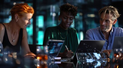 Poster - Three colleagues working together on laptops during a meeting in a modern office space