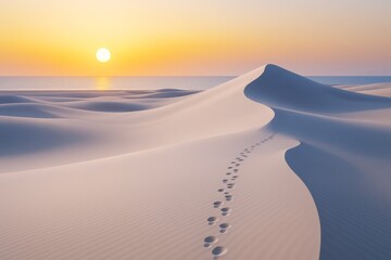 Poster - Serene desert landscape with soft sand dunes and footprints at sunset under warm glowing light over tranquil sea horizon in peaceful nature view.