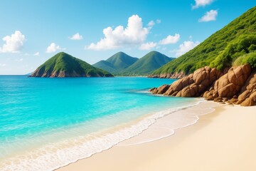Aufkleber - Tropical beach with turquoise water, sandy shore, and lush green mountains under blue sky with clouds, peaceful nature landscape concept background.