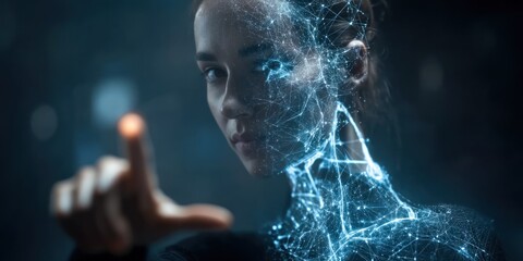 Poster - Woman interacting with a digital network overlay on her face