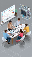 Poster - team meeting with data analysis on screen and floating icons in a modern office setting view from ab