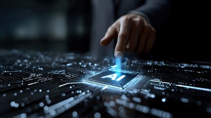 Poster - A finger touching an ai chip on a circuit board with blue light in a dark futuristic environment