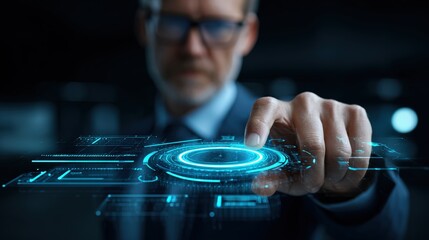 Poster - Man interacting with digital interface with glowing blue elements and futuristic technology feel