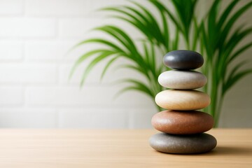 Poster - Balanced stack of smooth stones on wooden table with green plant and white brick wall in soft light, symbolizing harmony and lifestyle wellness.