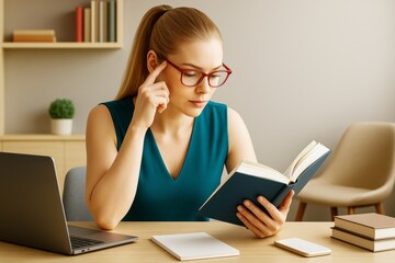Aufkleber - Woman reading a book while working at home with laptop and notepad on desk in cozy modern interior with light background and lifestyle concept.