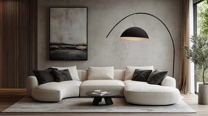 Poster - Stylish living room featuring a curved sofa with modern decor and natural light in a cozy setting