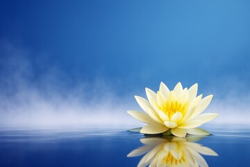 Poster - Yellow lotus flower floating on calm water with soft mist and blue gradient background, peaceful abstract scene with reflection and natural light.