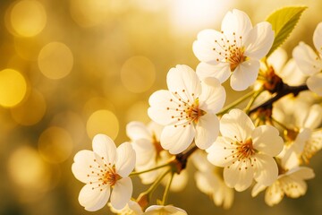 Poster - Blooming white cherry blossoms in warm spring sunlight with glowing golden bokeh background, close-up floral concept emphasizing natural beauty.