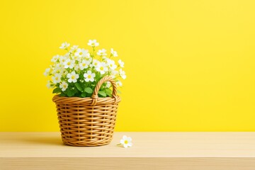 Poster - Wicker basket filled with white daisy flowers on wooden table with vibrant yellow background in bright light for creative floral concept decor scene.