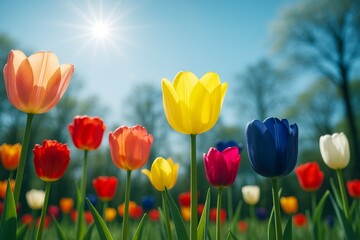 Poster - Colorful blooming tulips in sunlight with blue sky and trees in background, vibrant spring floral scene with nobody visible in the frame.