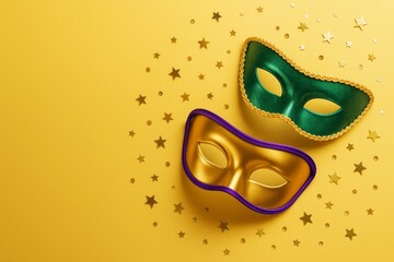 Poster - Colorful carnival masks with gold stars on vibrant yellow background for festive celebration and party decoration concept.