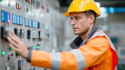 Poster - Man in orange safety gear operates control panel in industrial setting during daytime