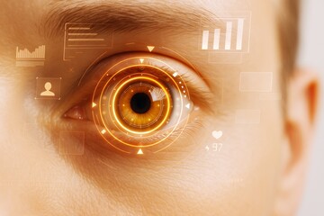 Poster - Futuristic digital eye interface with glowing HUD elements over human iris on a soft light background showing science and technology concepts.