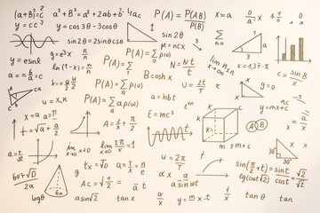 Poster - Hand-drawn mathematical formulas and graphs on light background illustrating scientific and educational concepts in clean sketch style.