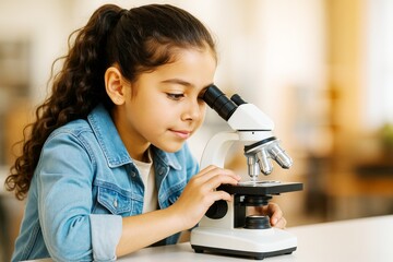 Poster - Curious young girl using microscope in science lab, focused expression, warm light background, symbol of education and discovery in childhood.