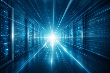 Aufkleber - Futuristic data center corridor with glowing digital light beams and binary code on blue technology background, symbolizing data flow and innovation.