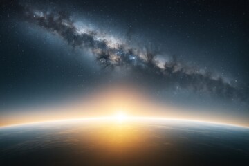 Poster - Stunning cosmic sunrise over Earth with vivid starry Milky Way in background and glowing atmospheric light on dark space horizon. Ai generative.