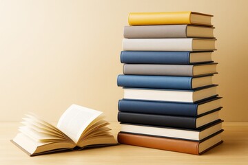 Poster - Stack of hardcover books and an open book on wooden desk with beige background representing education, knowledge, and literature concept.