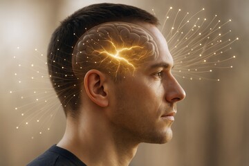 Poster - Human brain with glowing neural activity and light connections concept on soft background, showcasing advanced science and mental energy focus.