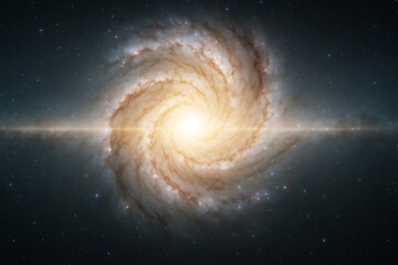 Poster - Glowing spiral galaxy with radiant core in deep space surrounded by stars on dark cosmic background, symbolizing cosmic light and scientific wonder.