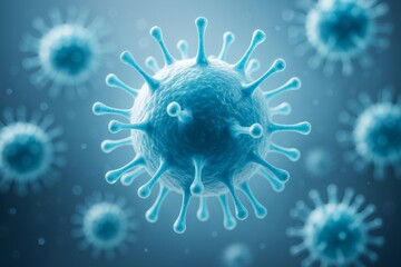 Aufkleber - Close-up of blue virus particles with spikes floating in air under soft light on abstract science background. Ai generative.