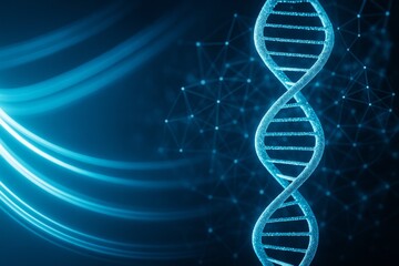 Aufkleber - Glowing DNA double helix with digital mesh and light streaks on dark blue background representing futuristic science and biotechnology concept.