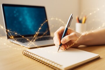 Aufkleber - Hand writing in notebook with glowing light trails and laptop on wooden desk, symbolizing creativity and science concept in learning environment.